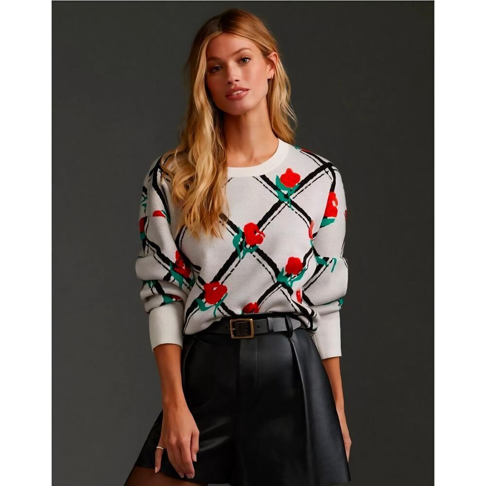 Maeve by Anthropologie Trellis Rose Floral Crewneck Sweater
